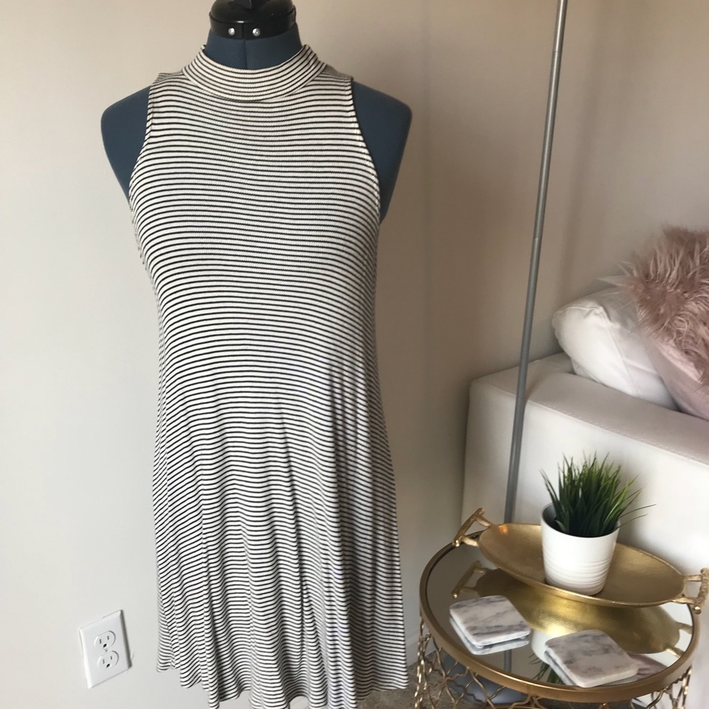 Stripe Sleeveless Mock-neck Swing Dress